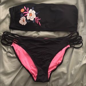 Floral Embroidered Black and Pink Bikini